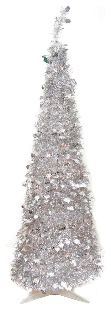6' Pre-Lit Silver Tinsel Pop-Up Artificial Christmas Tree, Clear Lights