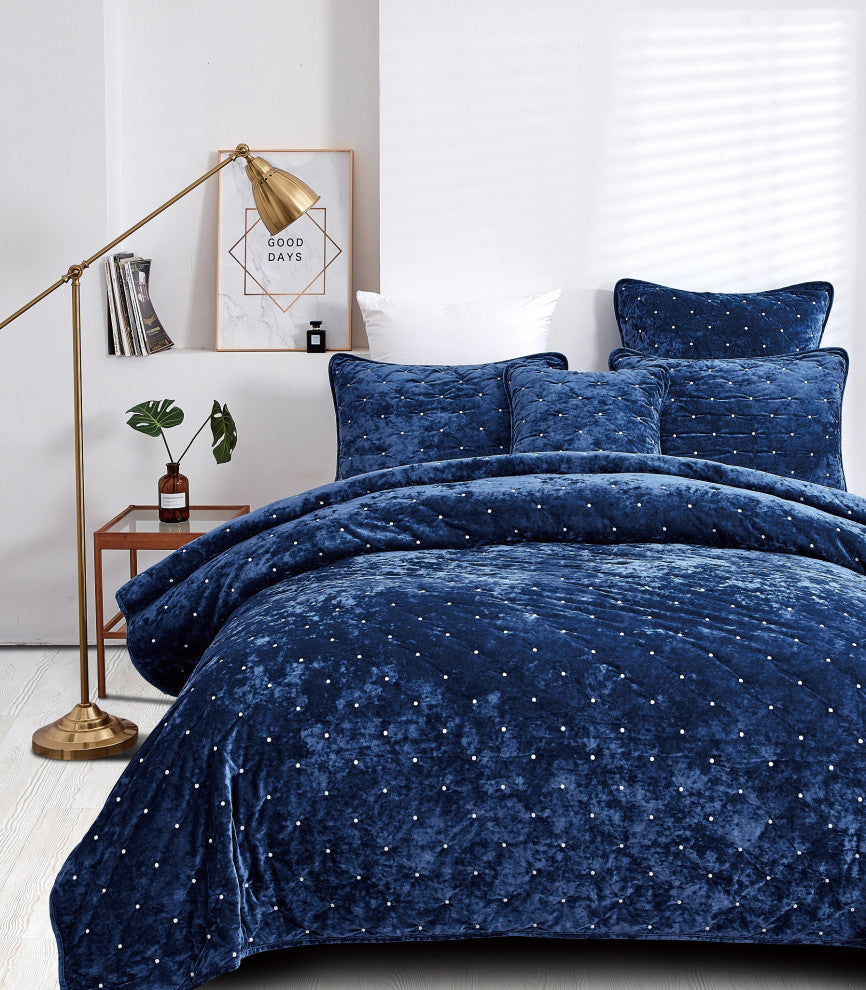 Velvet Dreams Dark Blue Plush Diamond Tufted Bedspread, King