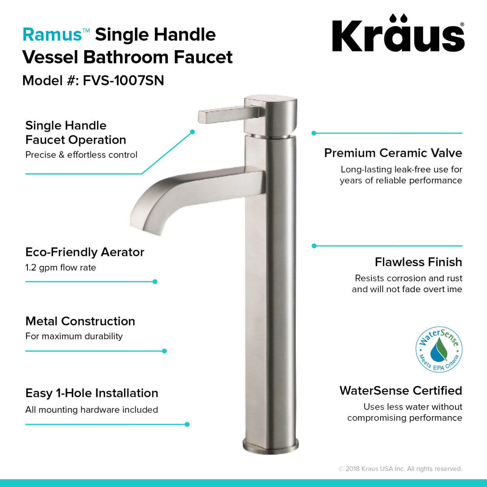 Ramus Single Handle 1-Hole Vessel Bathroom Faucet, Satin Nickel
