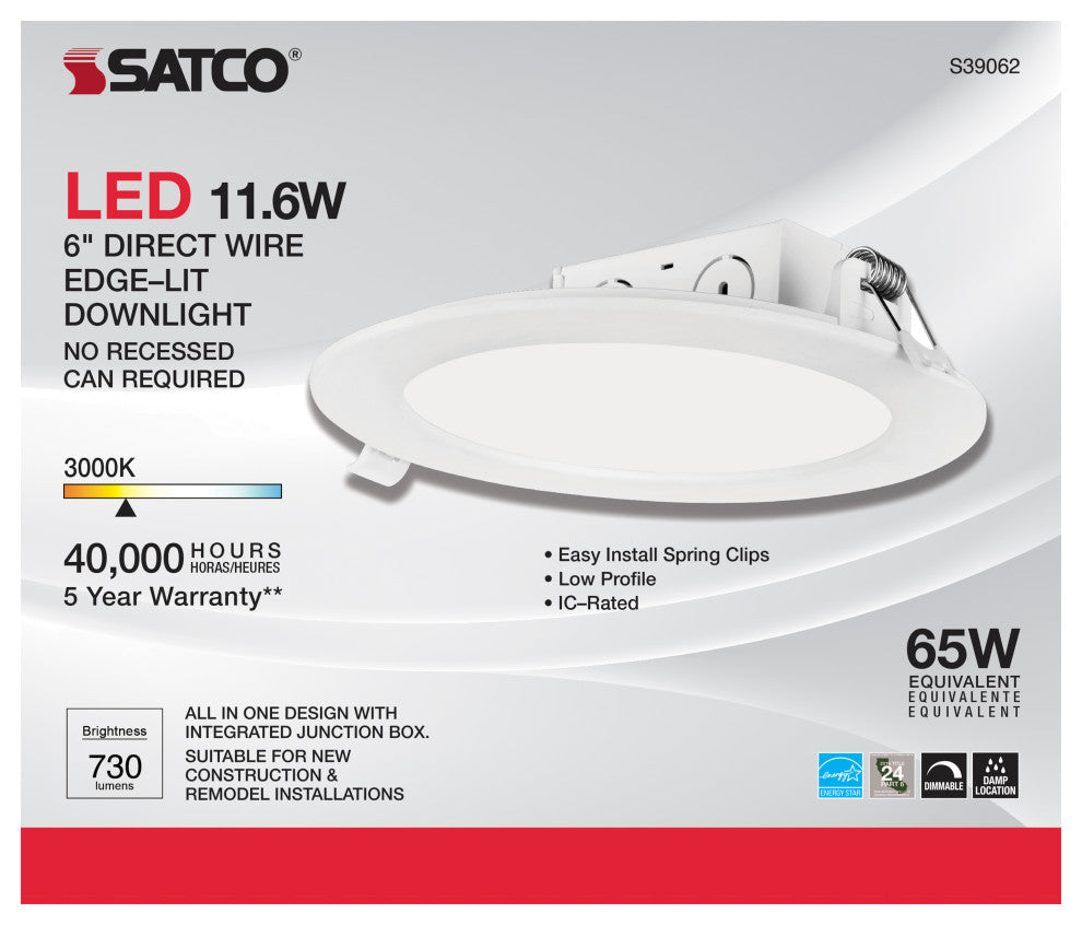 11.6 Watt LED Downlight - Edge-lit - 5-6 in. - 3000K - 120 Volt - Dimmable