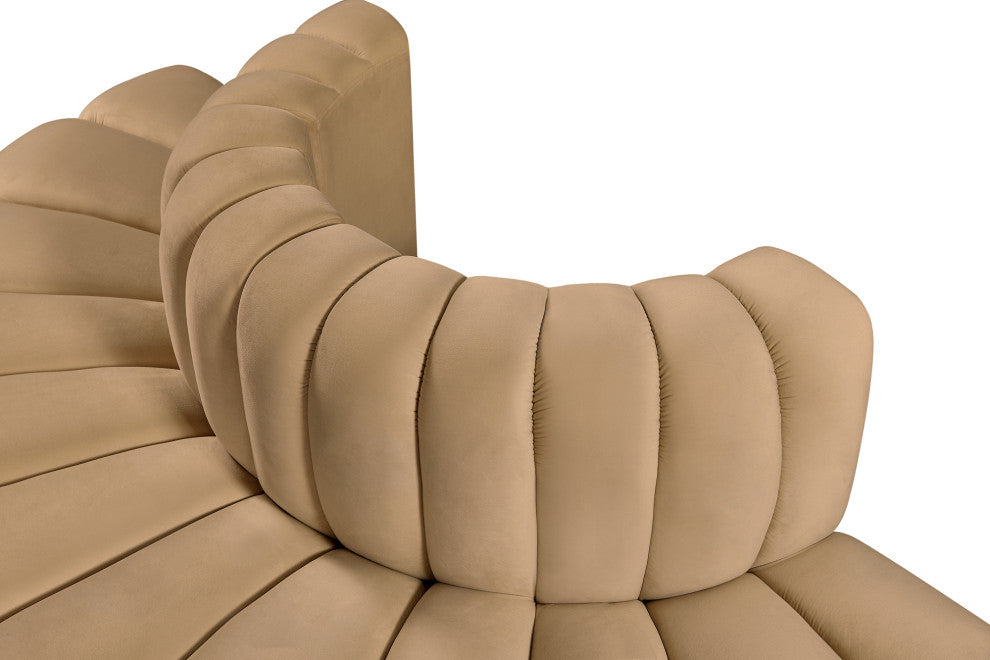 Arc Upholstered Outward Curved Modular Sectional, Camel, 4-Piece: Reverse Corner (4), Velvet