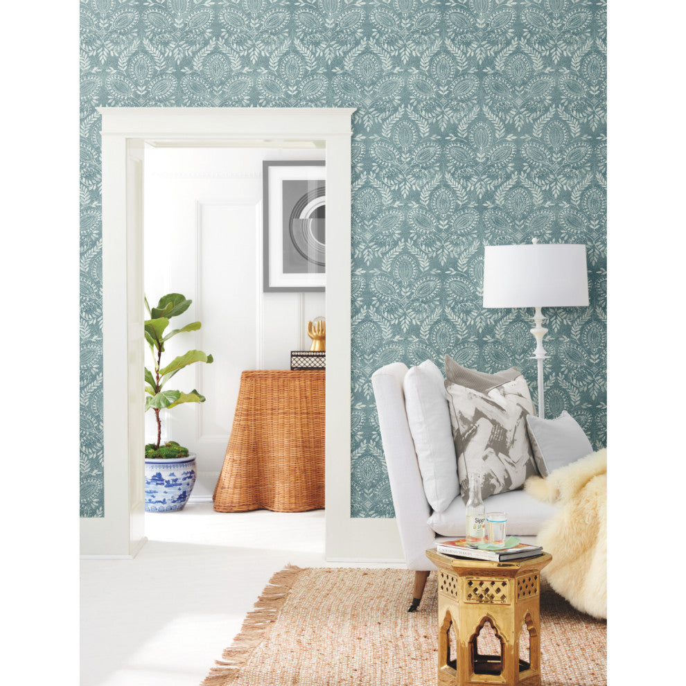 Teal Laurel Damask Wallpaper