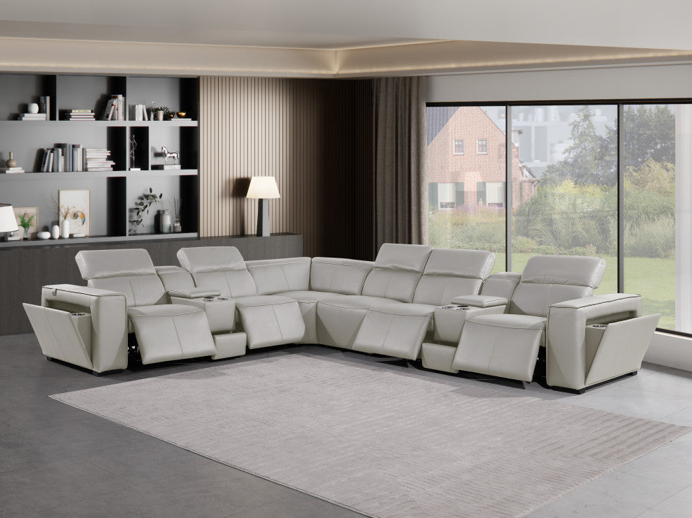 Niccolo Italian Leather 8-Piece L-Shaped Power Reclining Sectional, Light Gray