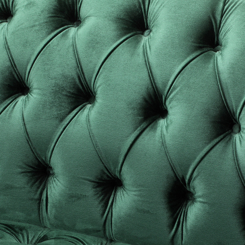 Esther Modern Glam Tufted Velvet 3 Seater Sofa, Emerald, Walnut Finish