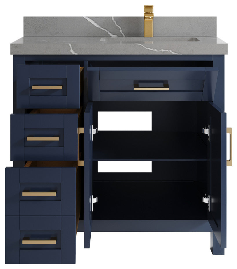 Cambridge 36 Right Offset Bath Vanity in Hale Navy Blue 2" Piatra Gray
