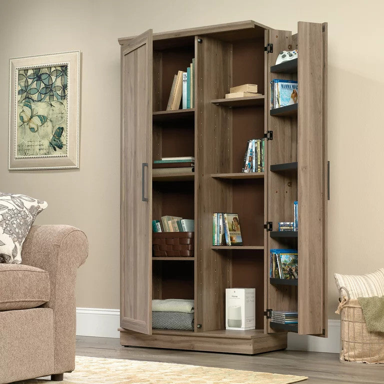 Transitional Storage Cabinet, Frame Paneled Doors With Metal Handles, Salt Oak