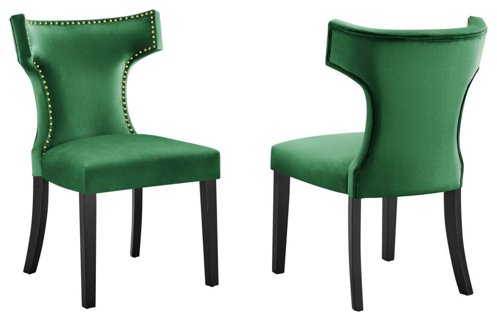 Curve Performance Velvet Dining Chairs, Set of 2, Emerald