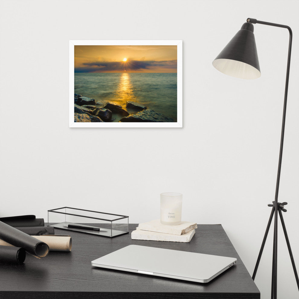 Sun Ray on the Water Coastal Landscape Framed Photo Paper Wall Art Print, Red Oak, 12" X 16"