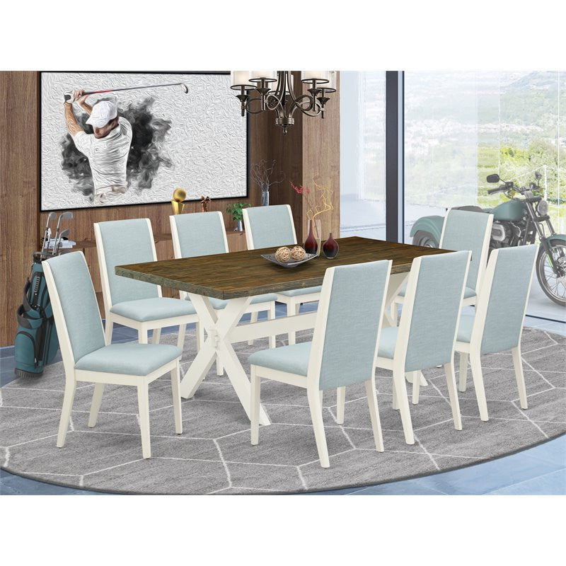 9-Piece Set, Table and 8 Chairs With Baby Blue, Linen Fabric, Medium Size Table