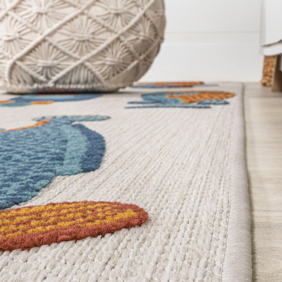 Algarve Modern Fish High-Low Indoor/Outdoor Area Rug, Navy/Orange/Cream, 5 X 8