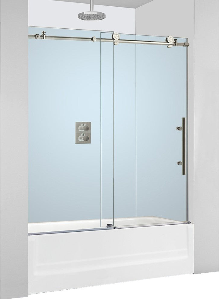 Woodbridge Frameless Brushed Stainless Steel Sliding Tub Door, 56"- 60"x62"
