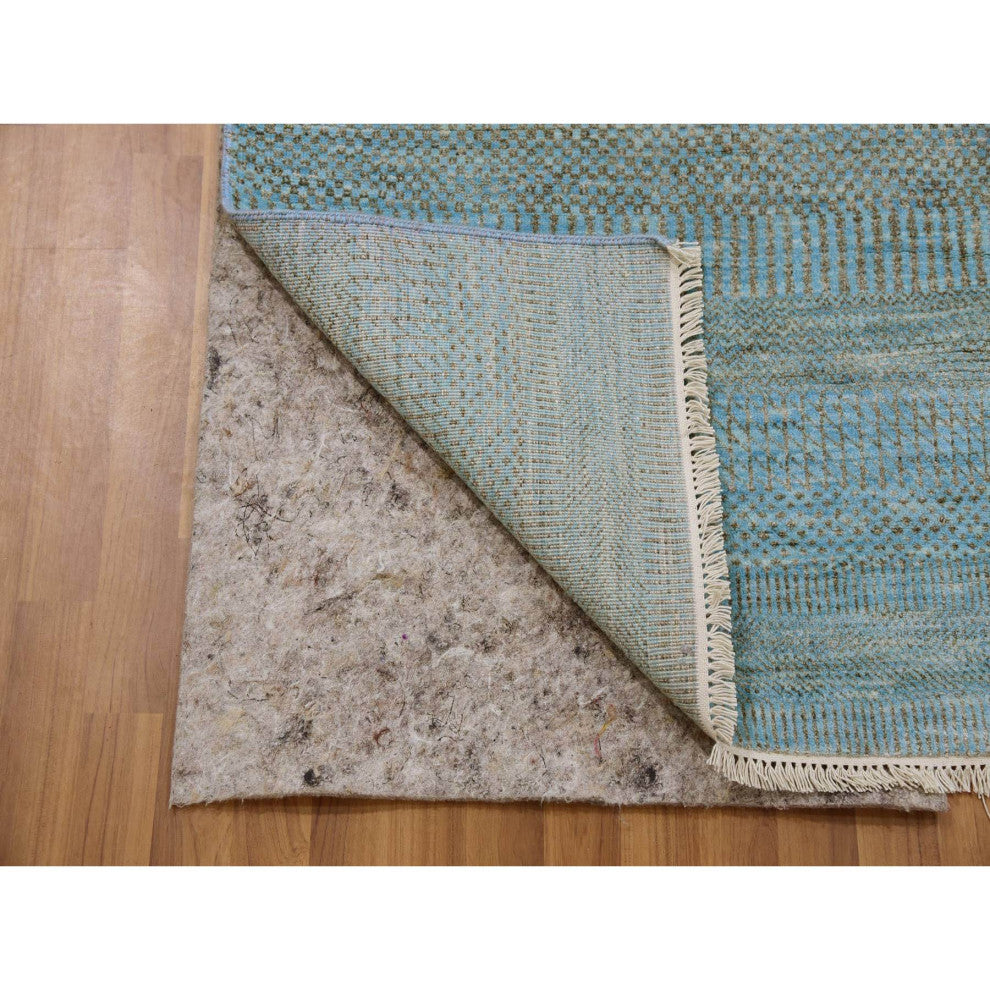 Blue Hand Knotted Dyed Wool and Silk Grass Design XL Runner Rug  2'6"x16'3"