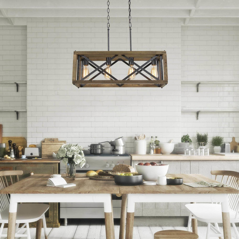 LNC 4-Lights Farmhouse Antique Black and Natural Wood Grain Linear Chandelier
