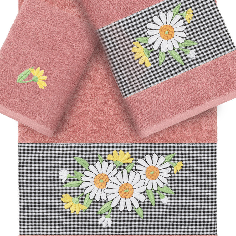 Linum Home Textiles Turkish Cotton Daisy 3-Piece Embellished Towel Set, Tea Rose
