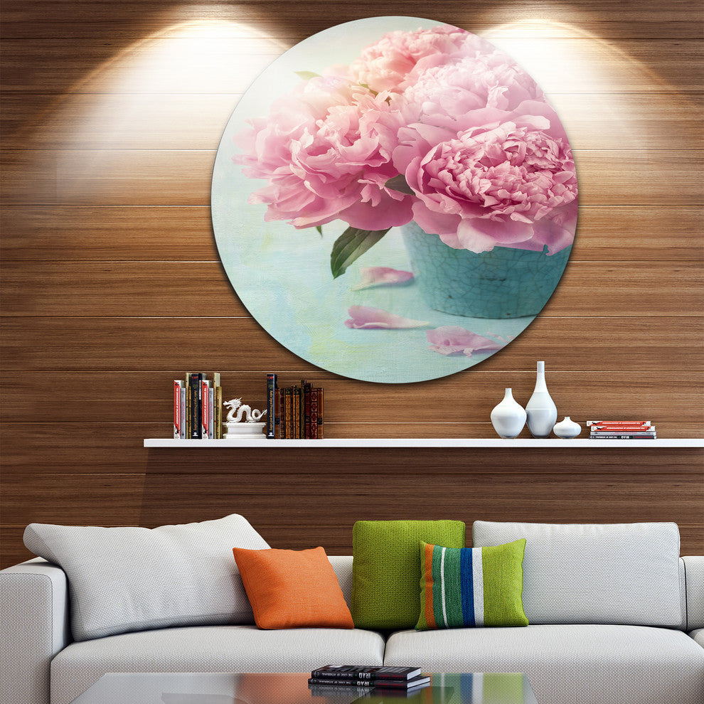 Pink Peony Flowers In Vase, Floral Disc Metal Wall Art, 11"