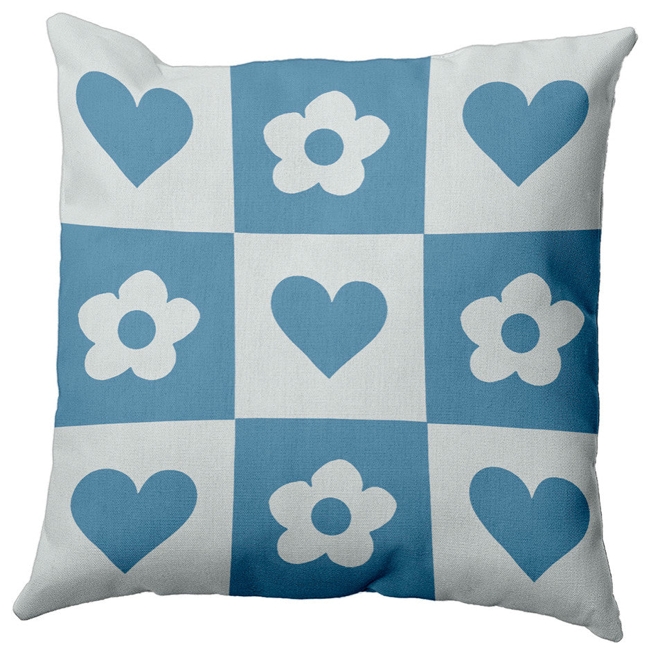 Heart And Flowers Grid Decorative Throw Pillow, Chambray, 20"x20"