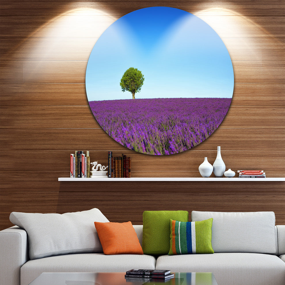 Green Tree Among Lavender Flowers, Landscape Round Metal Wall Art, 23"