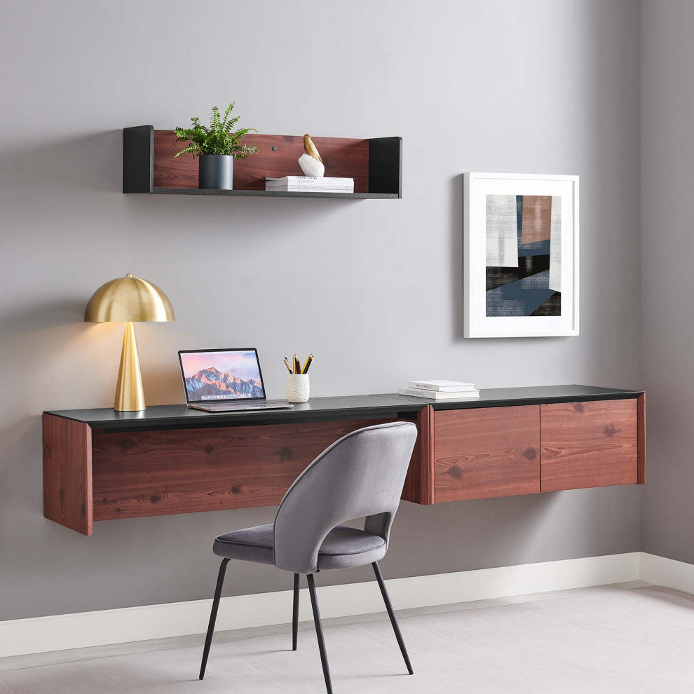 Kinetic 49" Wall-Mount Office Desk With Cabinet and Shelf, Black Cherry
