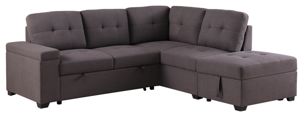 Katie Brown Linen Sleeper Sectional Sofa With Storage Ottoman, Storage Arm
