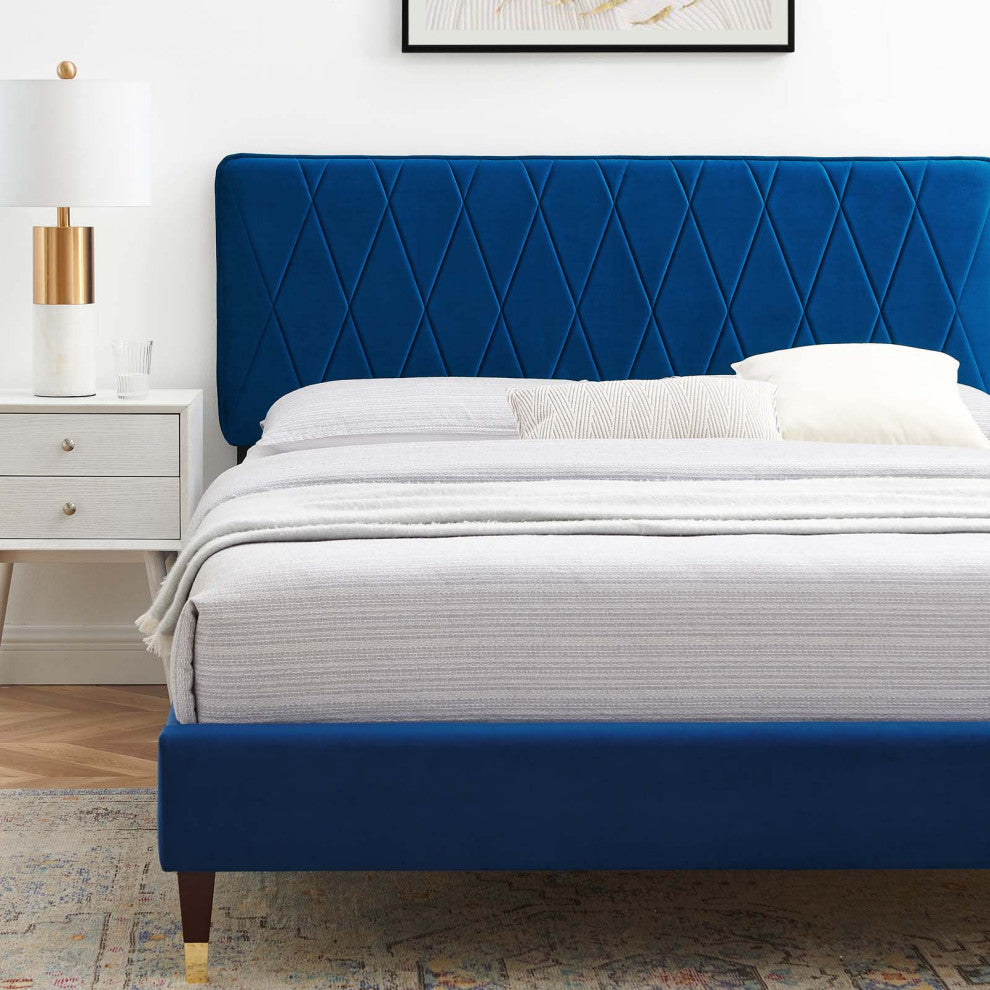 Platform Bed Frame, Queen Size, Velvet, Blue Navy, Modern Contemporary, Bedroom