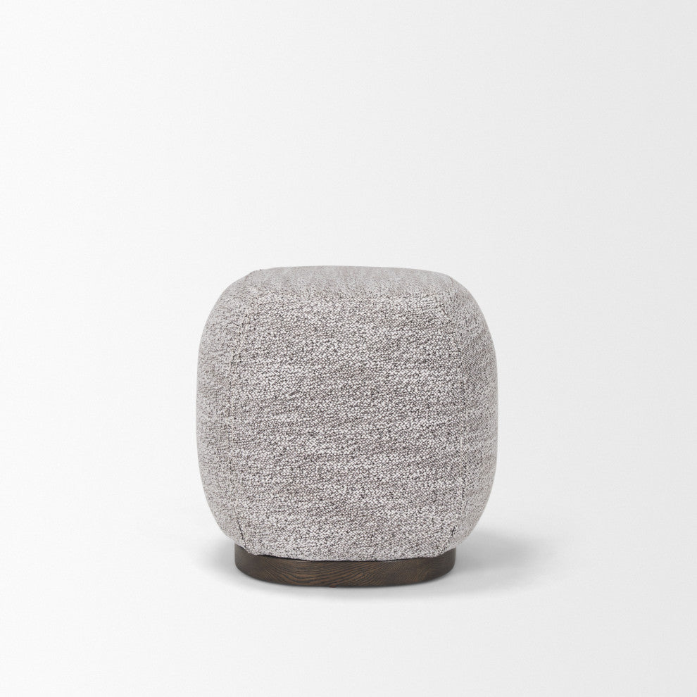 Siren Gray Fabric With Dark Brown Wood Round Pouf
