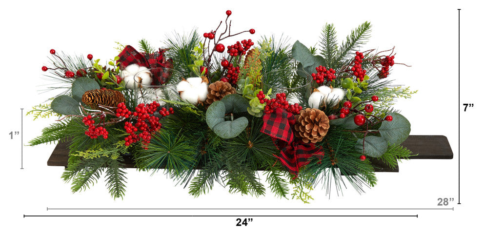 24" Holiday Berries, Pinecones & Eucalyptus Xmas Faux Arrangement Wall Decor