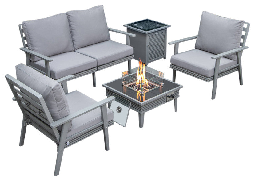 LeisureMod Walbrooke Gray Patio Conversation Set With Fire Pit, Gray