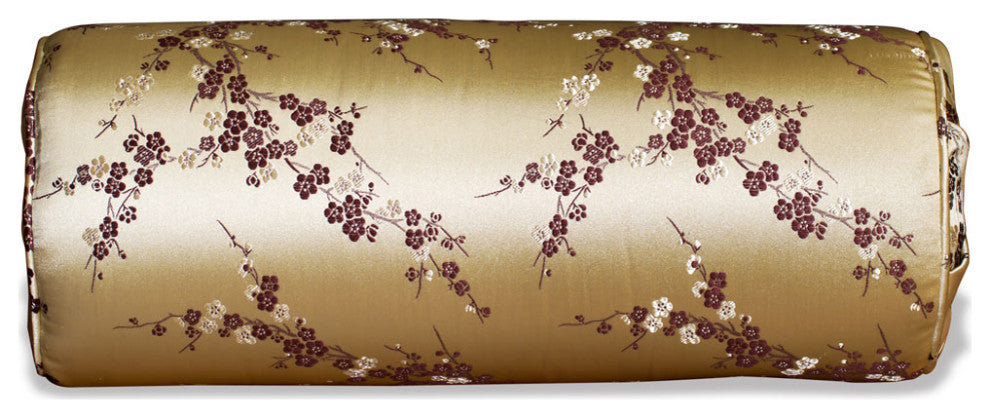 Gold Silk Plum Blossom Motif Chinese Bolster Pillow