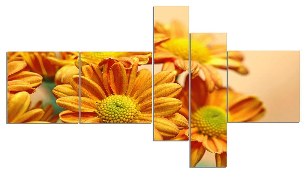Yellow Flowers in the Garden, Floral Canvas Art Print, 60"x32", 5 panels