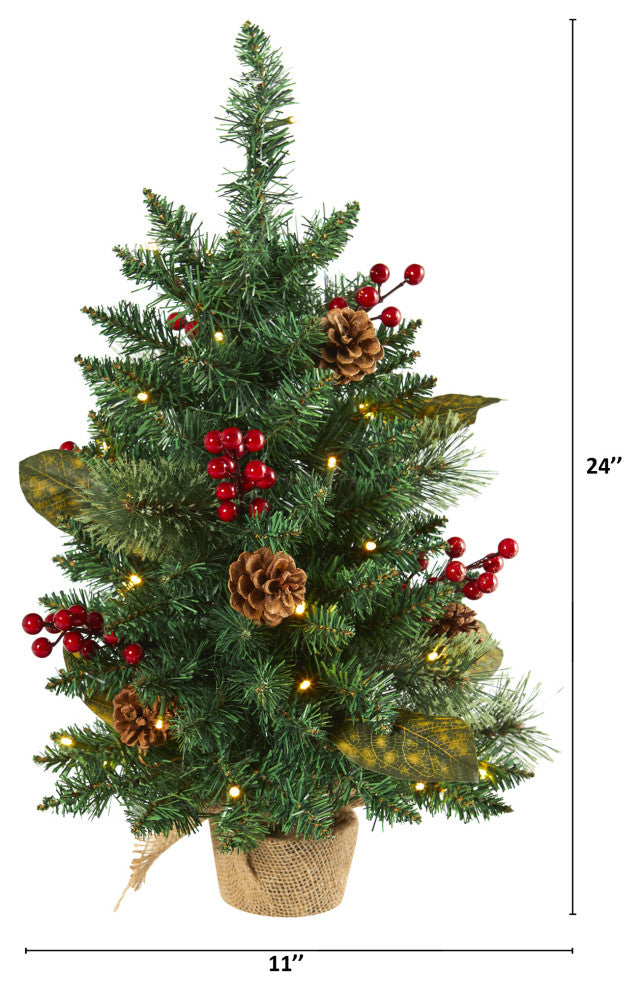 2' Pine, Pinecone & Berries Faux Xmas Tree With 35 Lights & 86 Bendable Branches