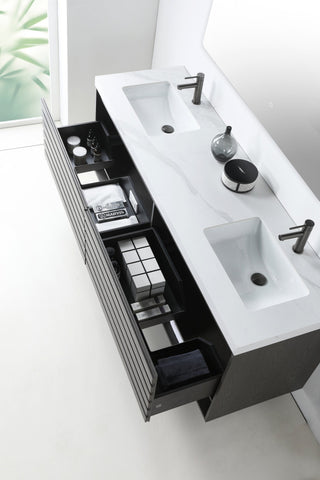 Matera Wall Mount Modern Bathroom Vanity, Charcoal, 72", White Countertop