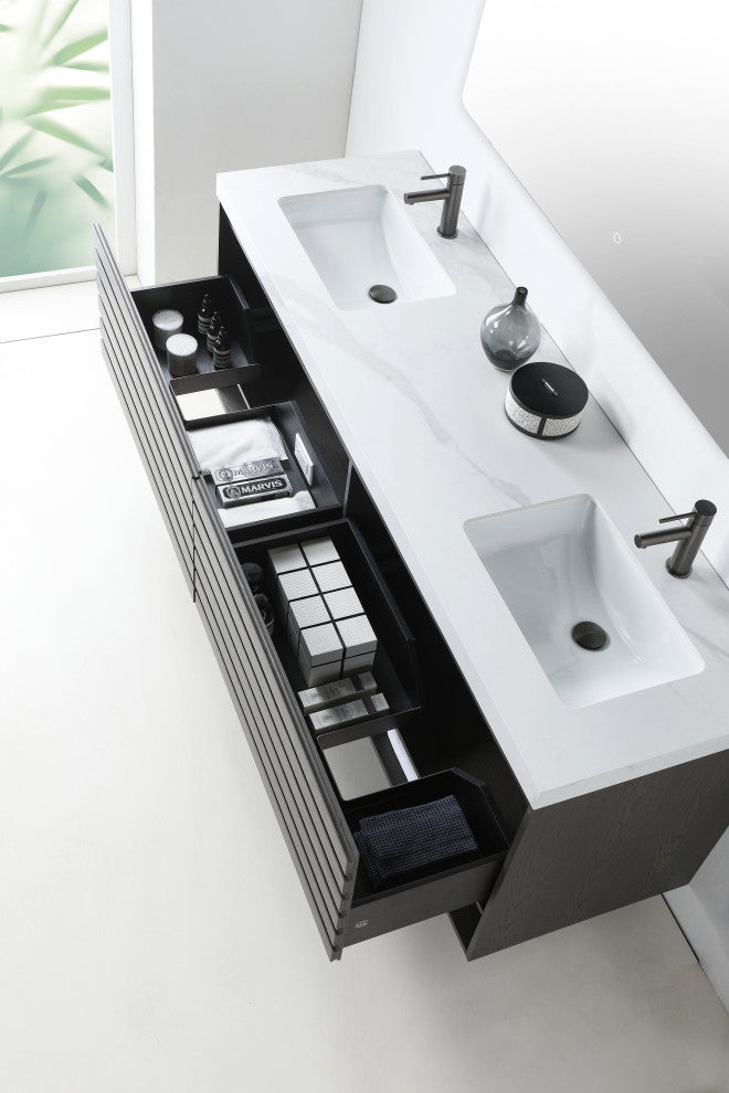 Matera Wall Mount Modern Bathroom Vanity, Charcoal, 72", White Countertop