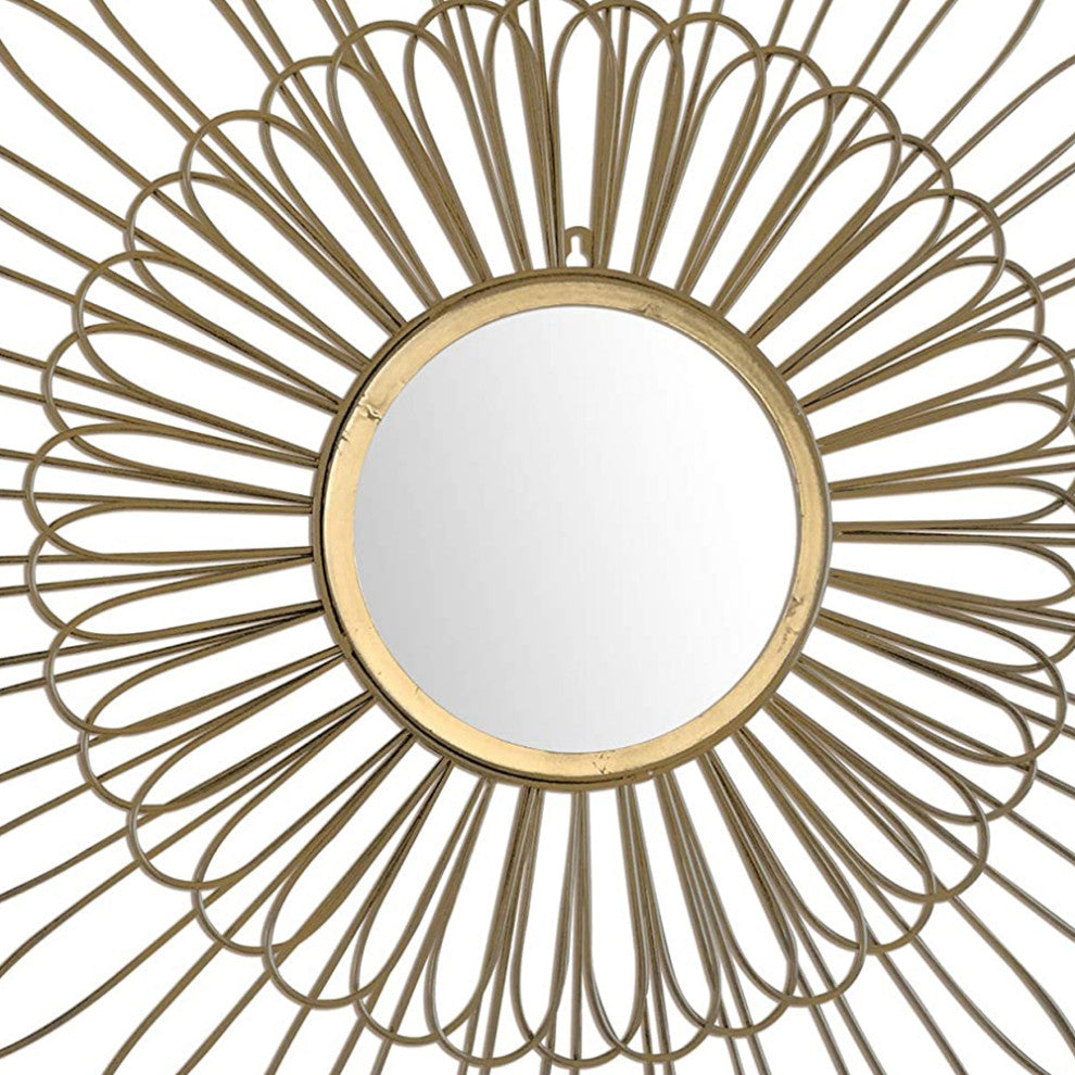 Decorative Wall Mirror and 3D Wire Wall Sculpture in Brushed Gold Floral Wire