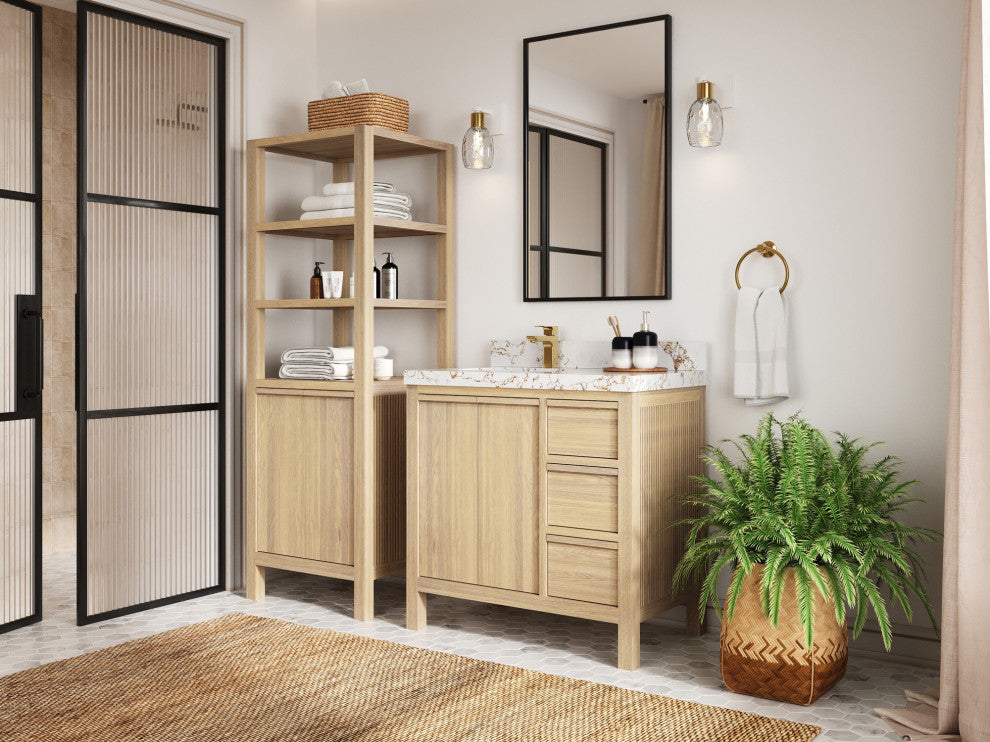 Elizabeth Oak 36" Left Offset Sink Vanity, White 2" Calacatta Laza