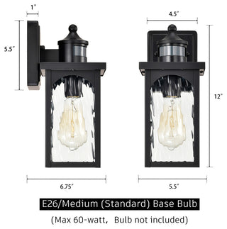 12 in. 1-Light Black Motion Sensing Wall Lantern Sconce Water Wave Glass 2PACK
