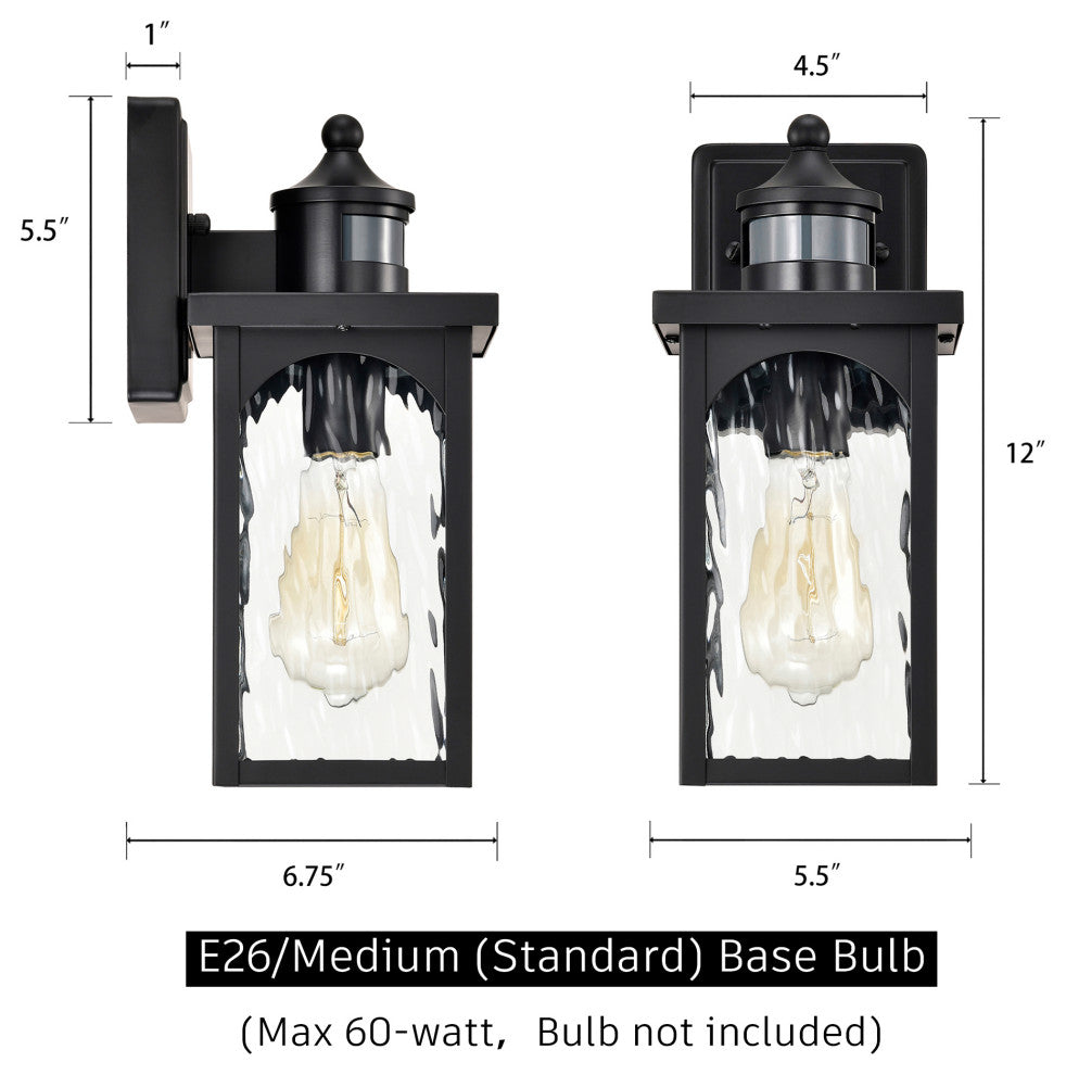12 in. 1-Light Black Motion Sensing Wall Lantern Sconce Water Wave Glass 2PACK