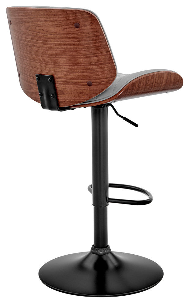 Adjustable Gray Faux Leather Black Steel and Walnut Bar Stool