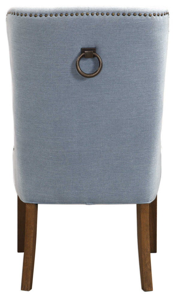 Elegant Curved Back Soft Blue Gray Wing Chair, Button Tufted Ring Pull Retro