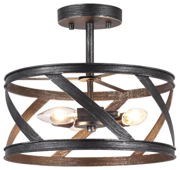 LNC 3-Light Metal Brushed Black Semi-Flush Mount Ceiling light, Drum, Industrial