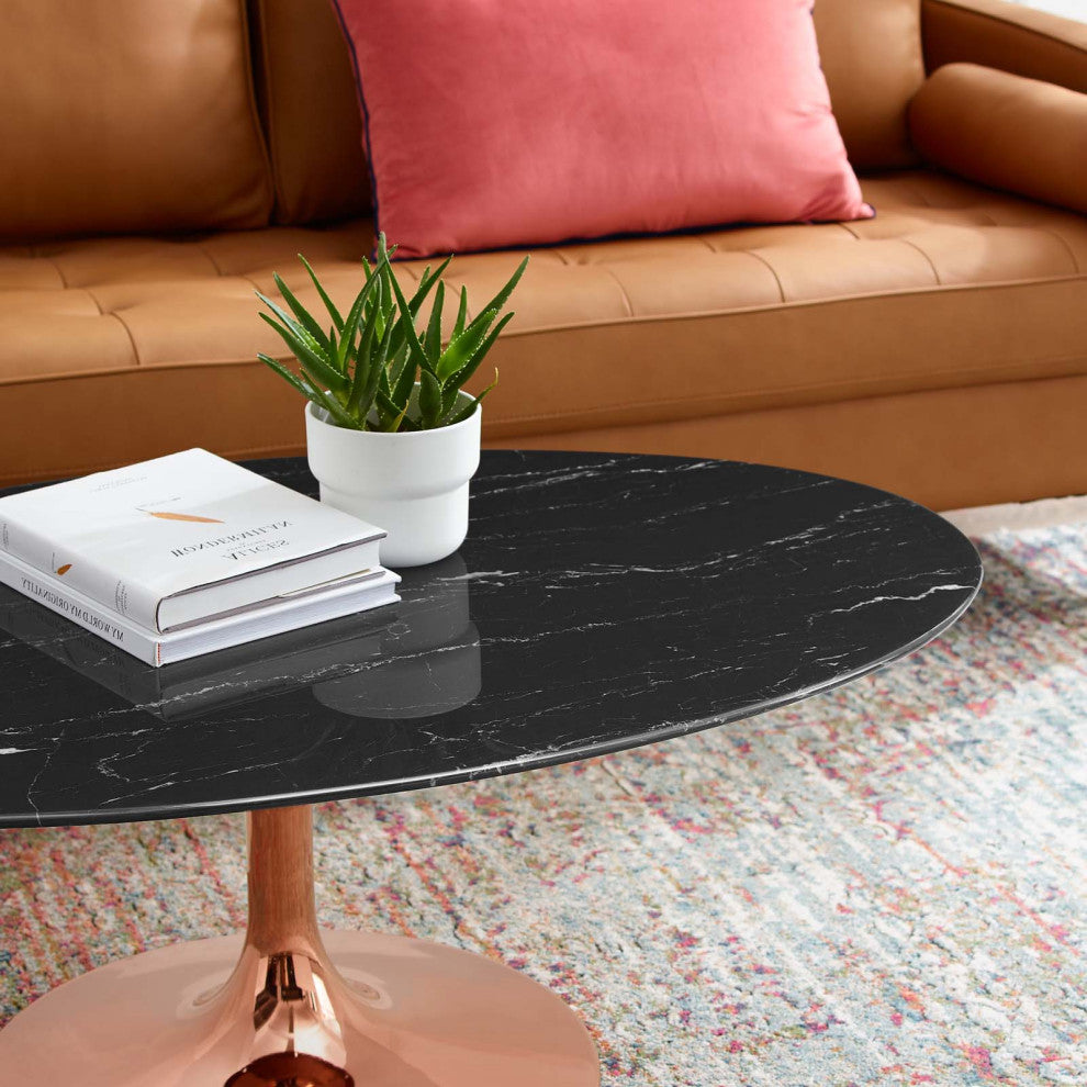 Coffee Table, Oval, Artificial Marble, Metal, Rose Gold Black, Modern, Lounge