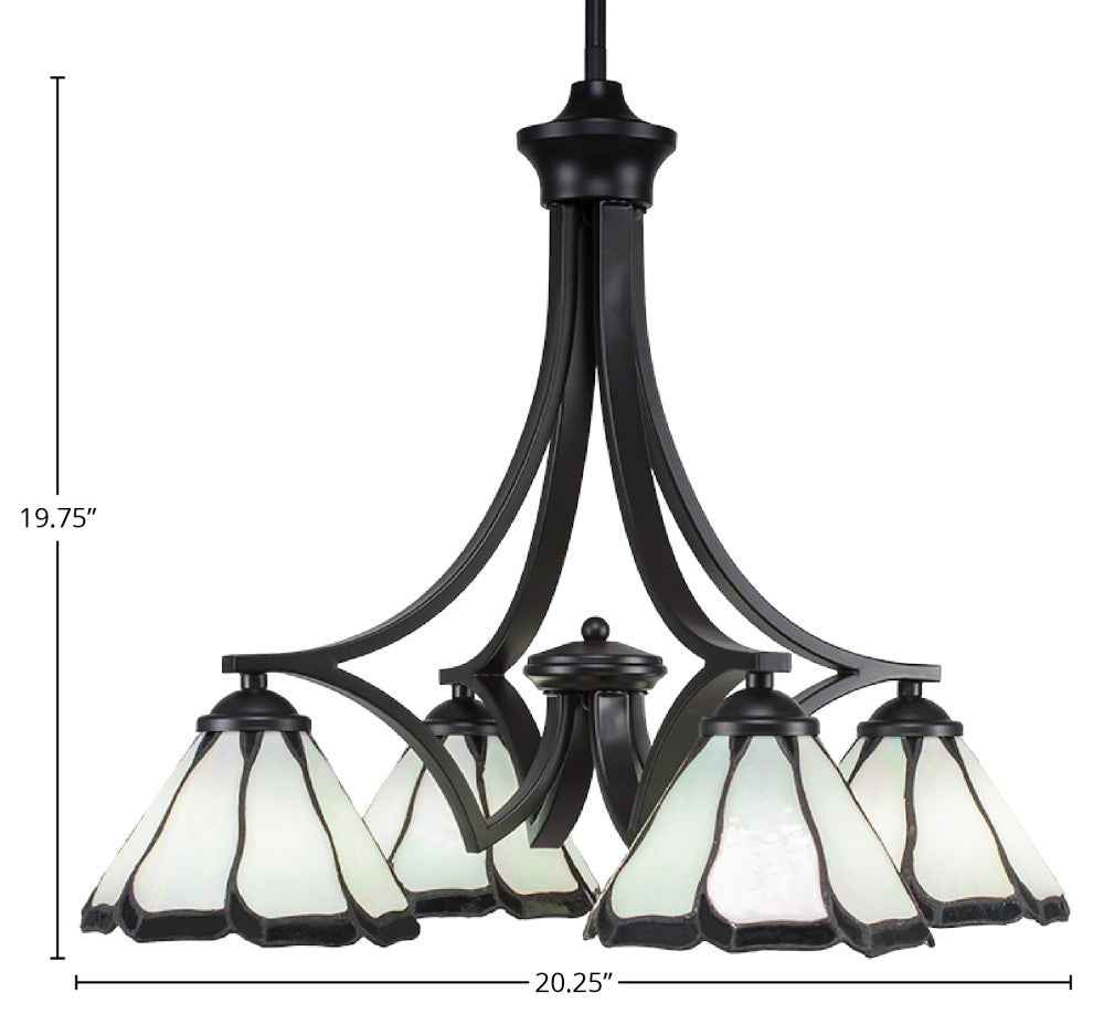 4 Light Chandelier, Matte Black Finish With Pearl And Black Flair Tiffany Glass
