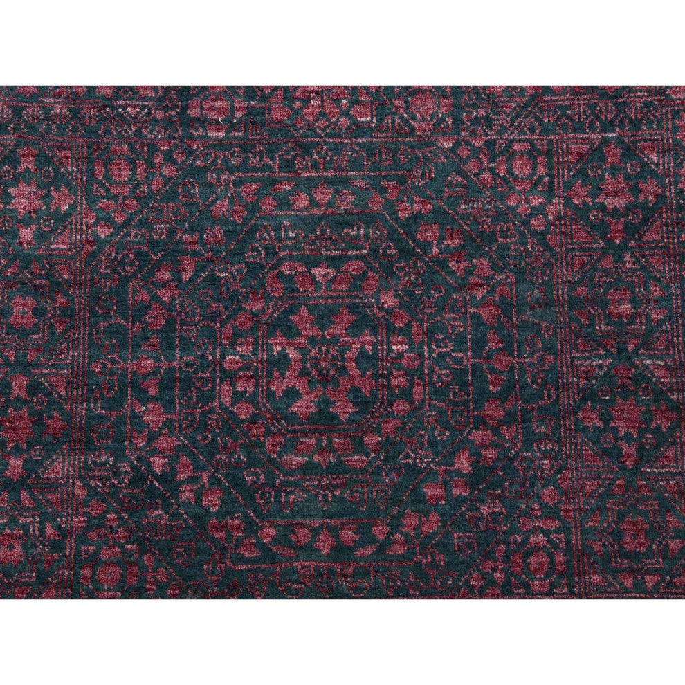 Dark Green Obscured Mamluk Design Wool and Silk Hand Knotted Rug, 8'0"x9'9"