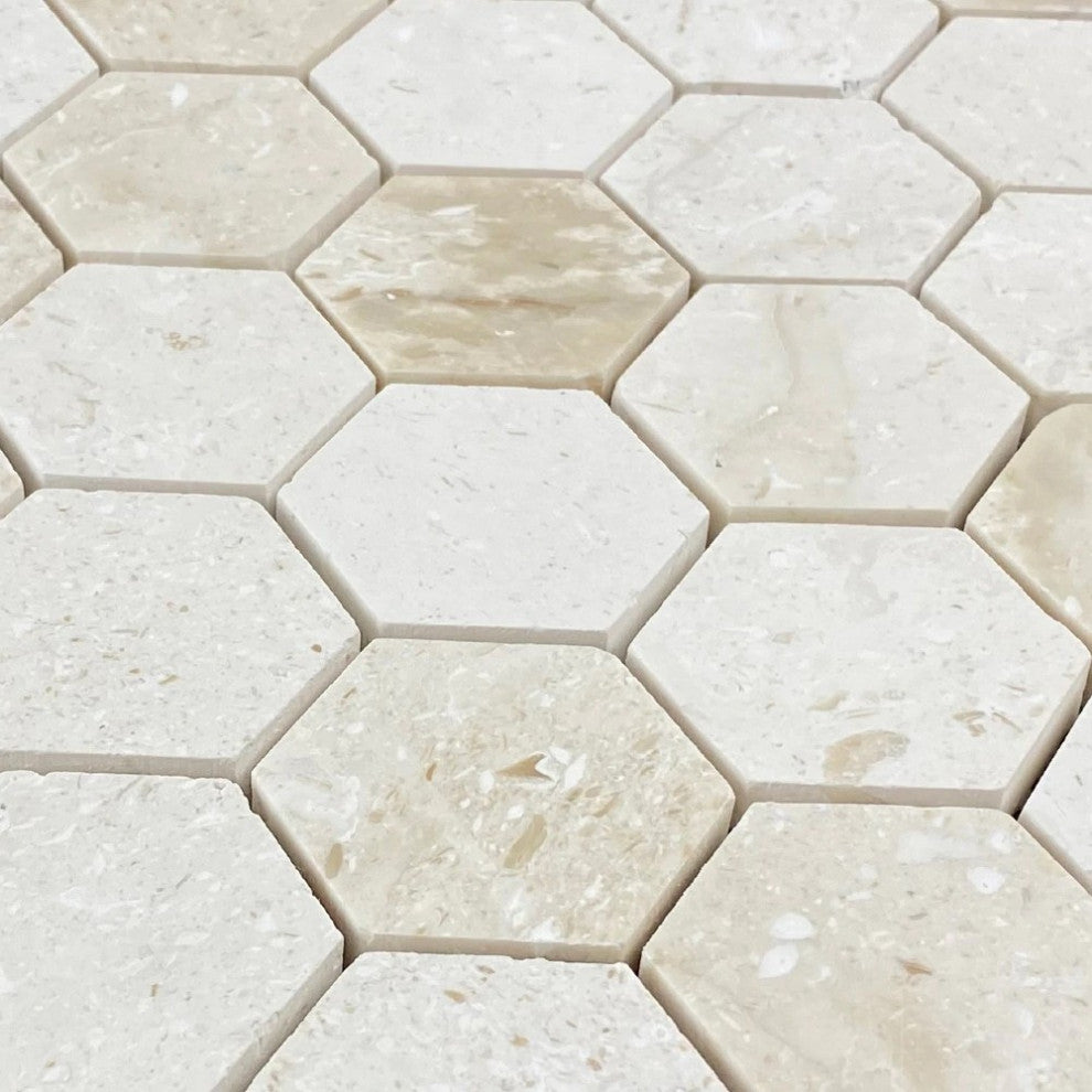 Shell Stone Limestone 2" Hexagon Honed on 12"x12" Mosaic Tile (10 sqft per box)