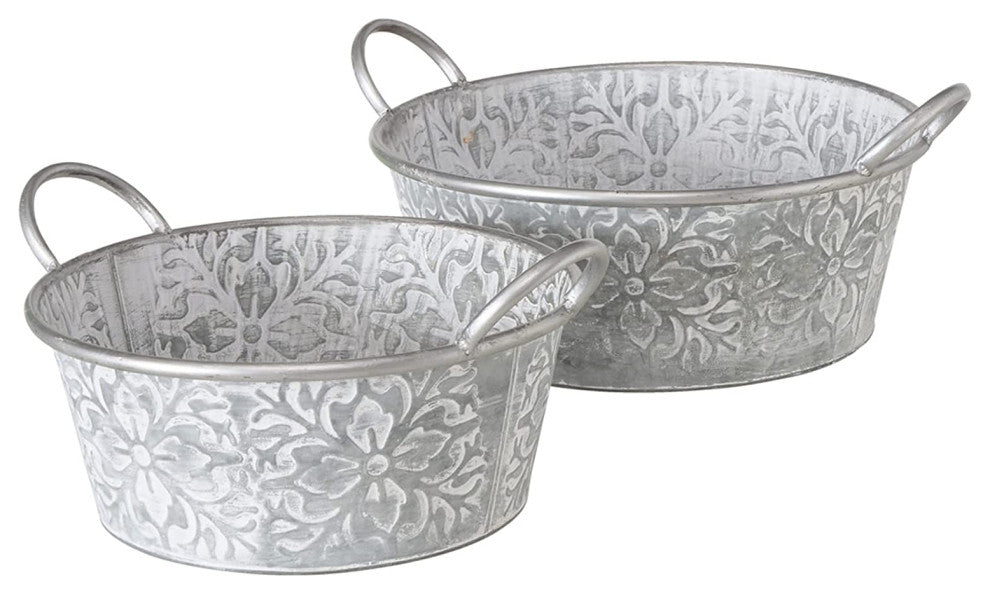 2 Piece Embossed Grey Metal Planter Set
