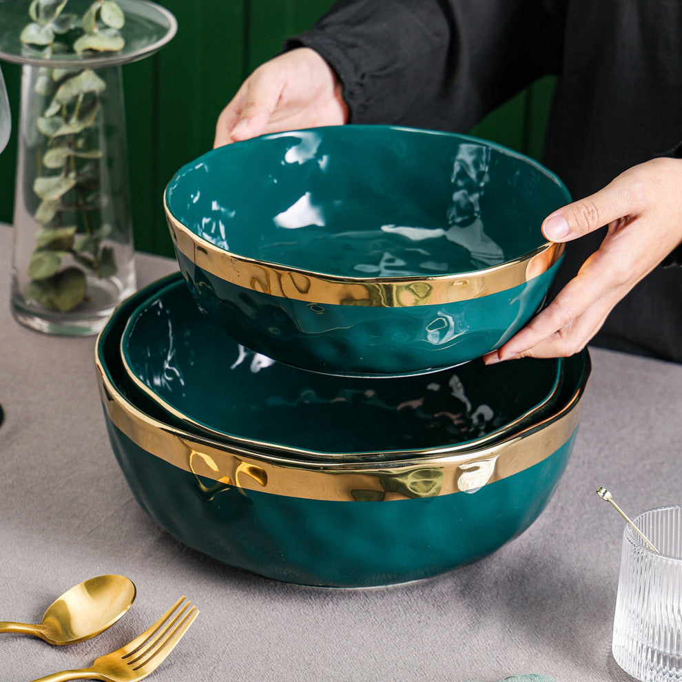 3-Piece Stone Lain Florian Porcelain Serving Bowl Set, Green