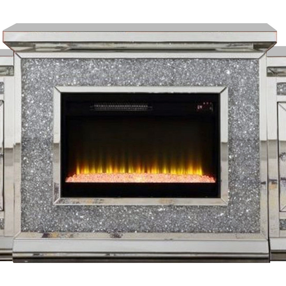 Benzara BM269596 Fireplace/2 Storage Doors and Beveled Mirror Framing, Silver