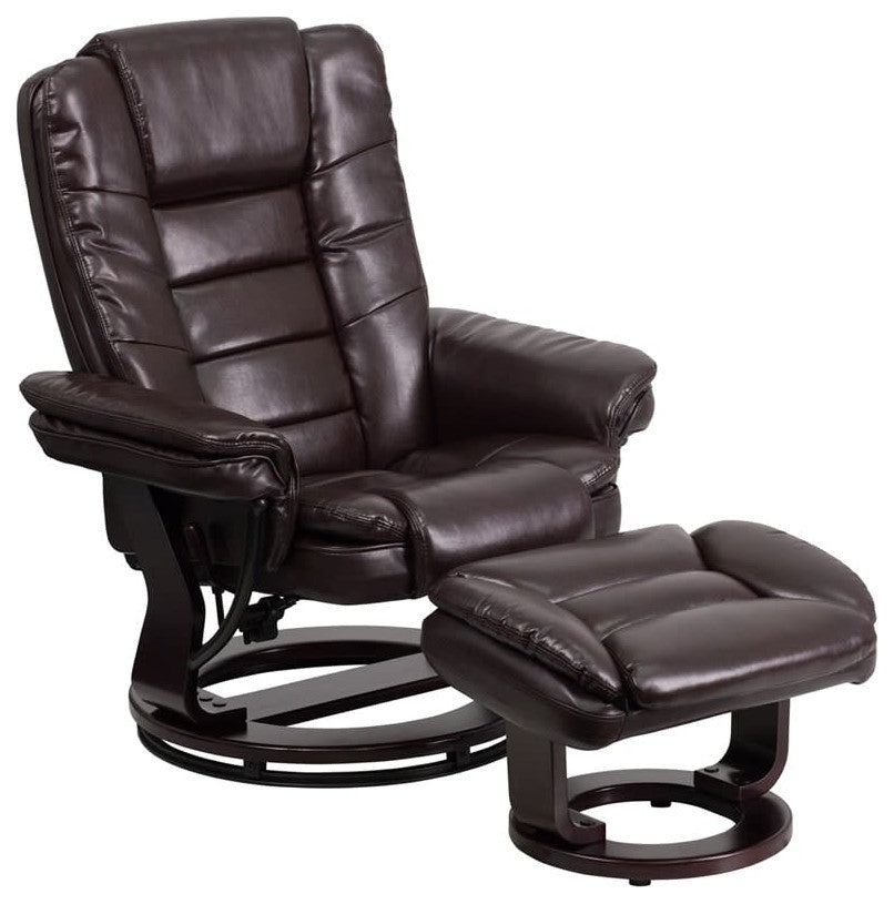 Leather Recliner and Ottoman, Mahogany Wood Base, Brown Leather