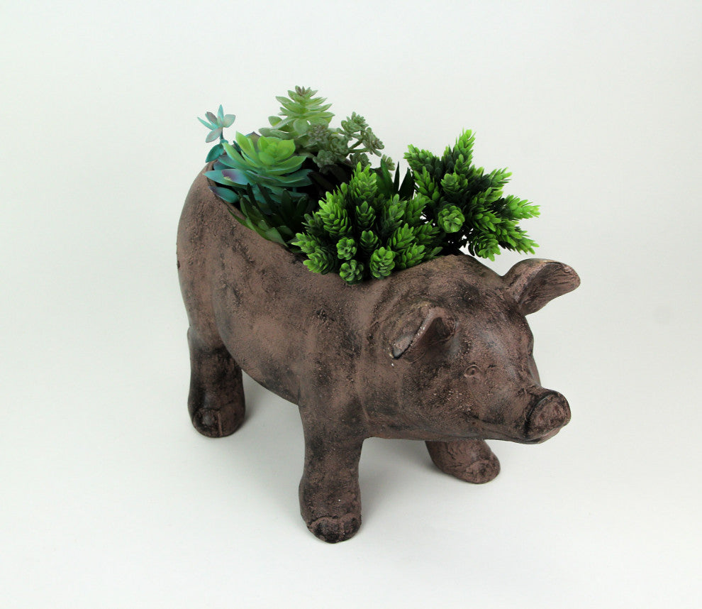 17 Inch Long Rustic Brown Finish Smiling Pig Planter
