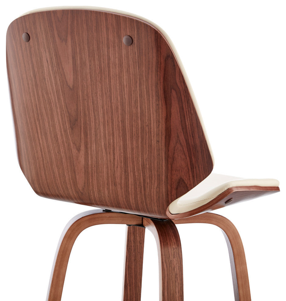 Arabela Faux Leather and Wood Swivel Bar Stool, Cream and Walnut