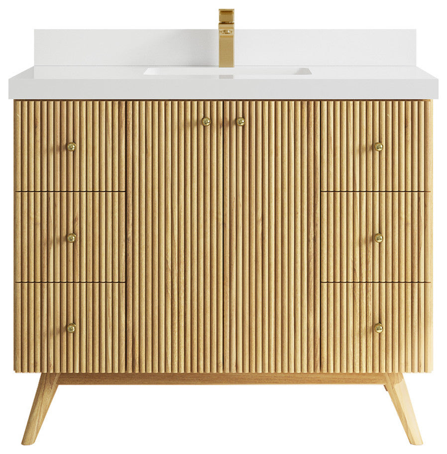 Pasadena 42 Single Sink Bath Vanity in Light Natural Teak 2" White Quartz